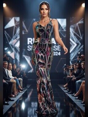 Stunning Abstract Shimmering Strappy Back Fit and Flare Evening Gown
